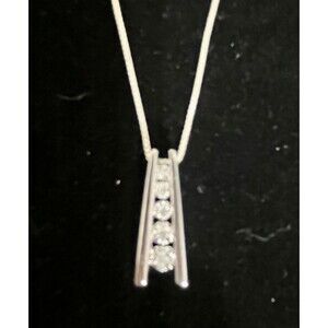 Sterling Silver M 925 Bar Pendant Necklace 5 CZ Stones Channel Set 18” Chain